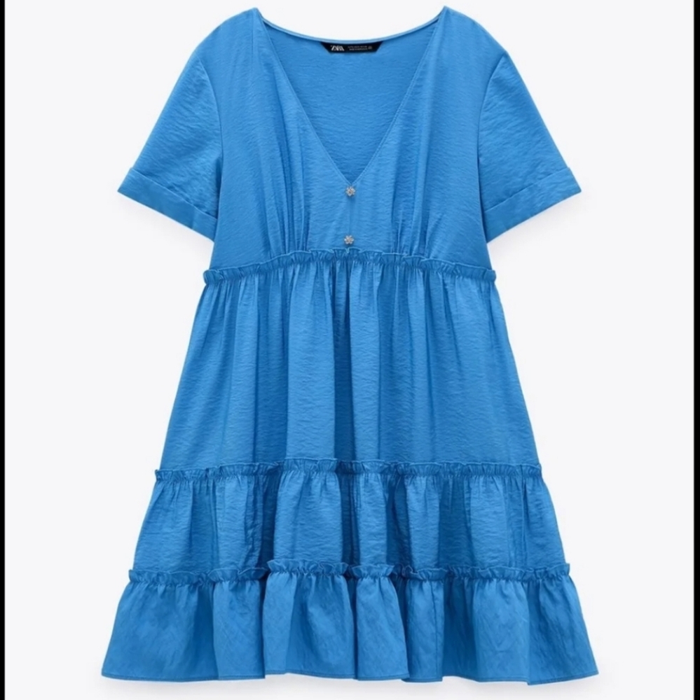 ZARA Blue Jeweled Babydoll Tiered Dress